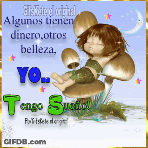 A Picture Of A Girl Sleeping On A Mushroom With The Words Tengo Sueño GIF