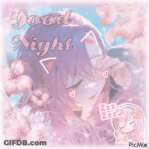 A Picture Of A Girl Sleeping With The Words Good Night Written Above Her GIF