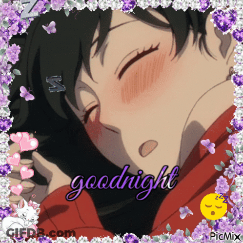 A Picture Of A Girl Sleeping With The Words Goodnight In The Corner GIF