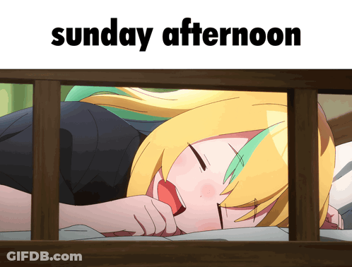 A Picture Of A Girl Sleeping With The Words Sunday Afternoon Below It GIF