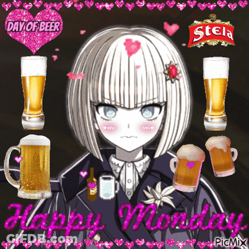 A Picture Of A Girl Surrounded By Beer Mugs And The Words Happy Monday On The Bottom GIF