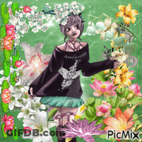 A Picture Of A Girl Surrounded By Flowers With Picmix Written On The Bottom GIF