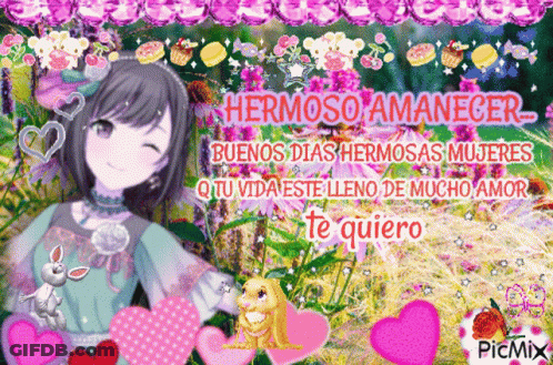 A Picture Of A Girl Surrounded By Hearts And Flowers With The Words Hermoso Amanecer GIF