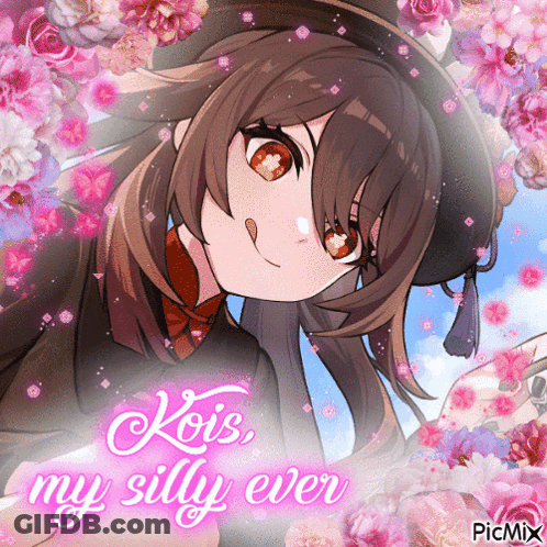 A Picture Of A Girl Surrounded By Pink Flowers With The Words " Koi 'S My Silly Ever " On The Bottom GIF