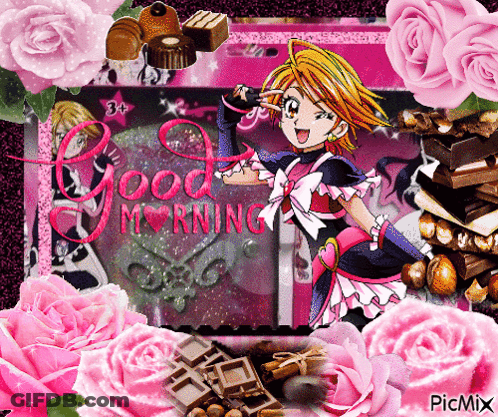 A Picture Of A Girl Surrounded By Pink Roses And Chocolates Says Good Morning GIF