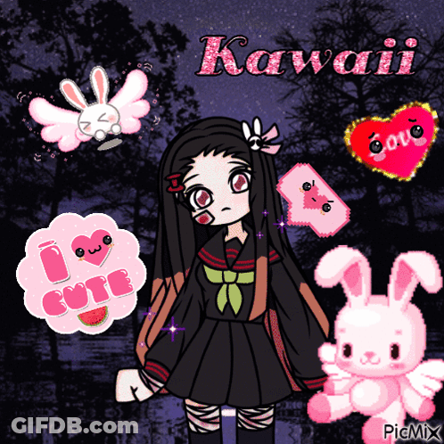 A Picture Of A Girl Surrounded By Stuffed Animals And The Words Kawaii GIF