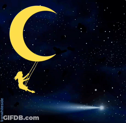 A Picture Of A Girl Swinging On A Crescent Moon With The Words Good Night Sleep Well Dream Big GIF