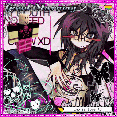 A Picture Of A Girl That Says Good Morning And Emo Is Love < 3 GIF