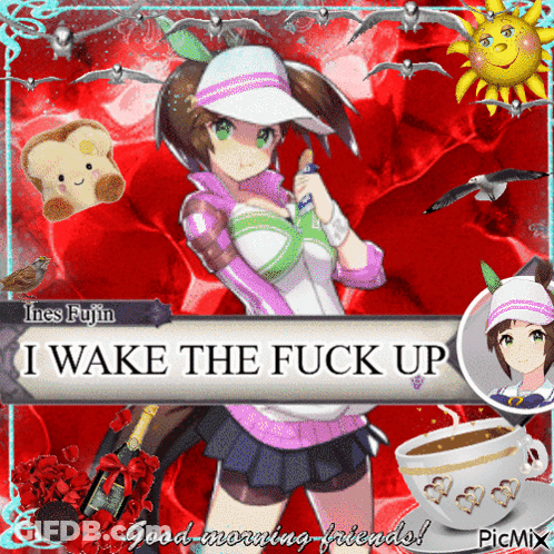 A Picture Of A Girl That Says I Wake The Fuck Up On It GIF