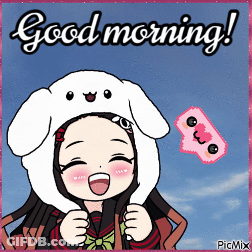 A Picture Of A Girl Wearing A Bunny Hat And The Words Good Morning GIF