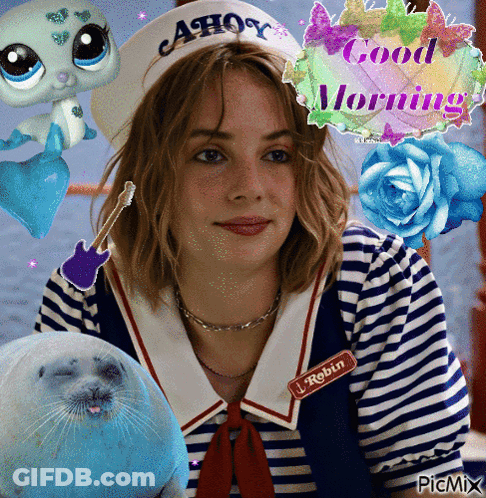 A Picture Of A Girl Wearing A Hat That Says Ahoy On It GIF