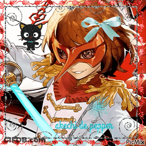 A Picture Of A Girl Wearing A Mask And Holding A Sword With A Black Cat In The Background GIF