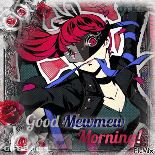 A Picture Of A Girl Wearing A Mask With The Words Good Mewmew Morning On It GIF