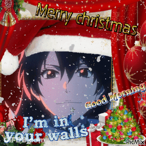 A Picture Of A Girl Wearing A Santa Hat Says Merry Christmas I 'M In Your Walls Good Morning GIF