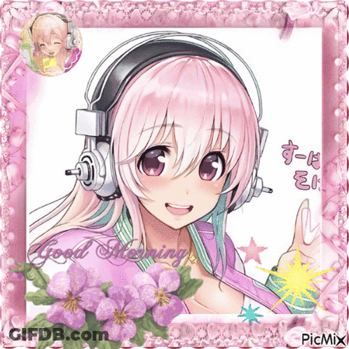 A Picture Of A Girl Wearing Headphones With The Words Good Morning On The Bottom GIF