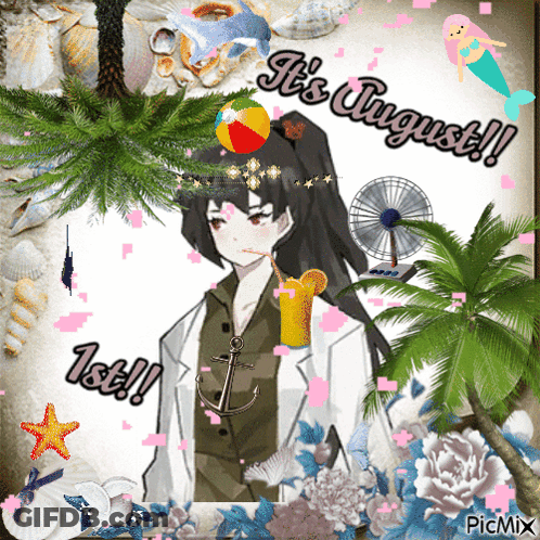 A Picture Of A Girl With A Beach Ball On Her Head And The Words It 'S August GIF