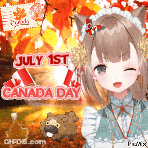 A Picture Of A Girl With A Beaver And The Words July 1St Canada Day On It GIF
