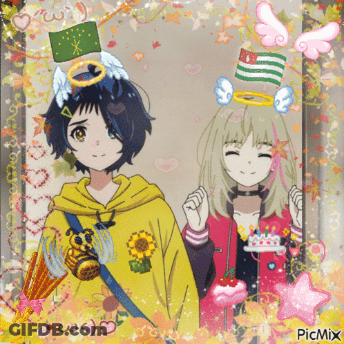 A Picture Of A Girl With A Bee On Her Shoulder And A Girl With A Cake And A Flag On Her Head GIF