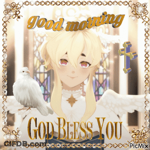 A Picture Of A Girl With A Bird On Her Shoulder And The Words God Bless You GIF