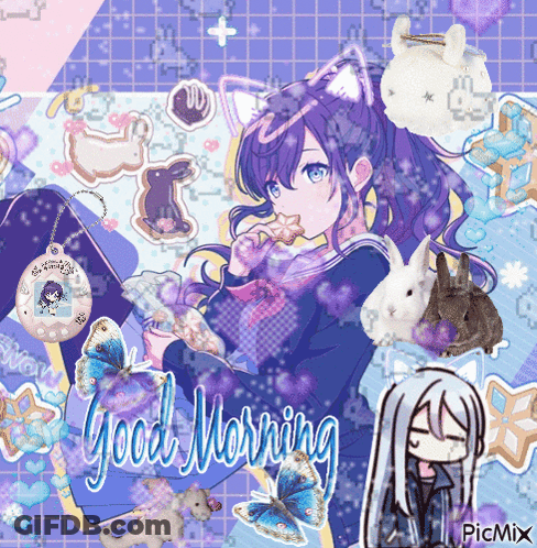 A Picture Of A Girl With A Cat Ear And The Words Good Morning GIF