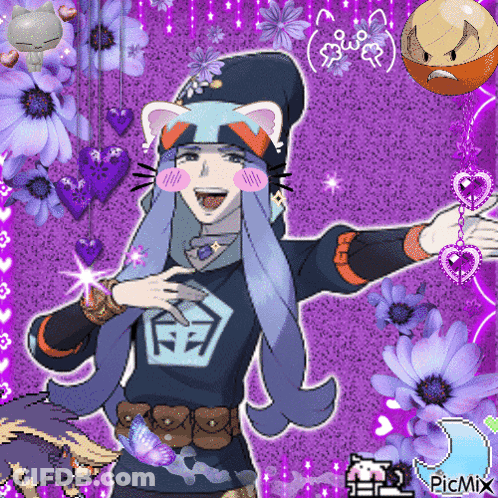 A Picture Of A Girl With A Cat Hat And A Picmix Logo On The Bottom GIF