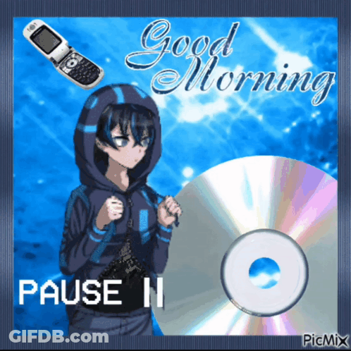 A Picture Of A Girl With A Cell Phone And A Cd That Says Good Morning GIF