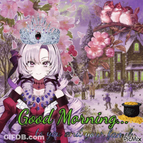 A Picture Of A Girl With A Crown On Her Head And The Words " Good Morning To You And Your Family " GIF