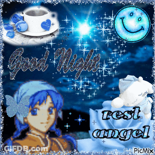 A Picture Of A Girl With A Cup Of Coffee And A Smiley Face Says Good Night Rest Angel GIF