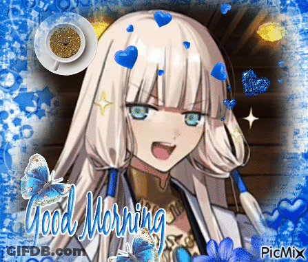 A Picture Of A Girl With A Cup Of Coffee That Says Good Morning GIF