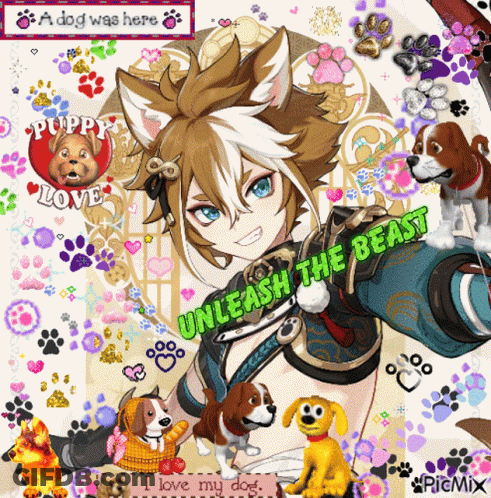 A Picture Of A Girl With A Dog And The Words Unleash The Beast GIF