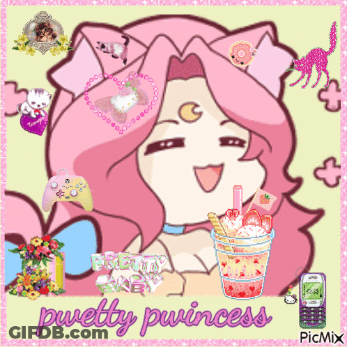 A Picture Of A Girl With A Drink And The Words Pwetty Princess On The Bottom GIF