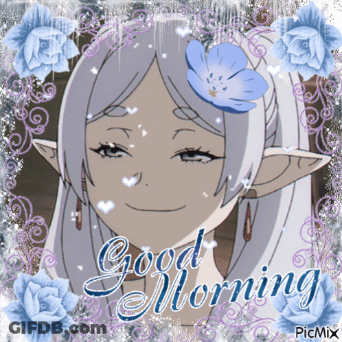 A Picture Of A Girl With A Flower In Her Hair And The Words Good Morning On The Bottom GIF
