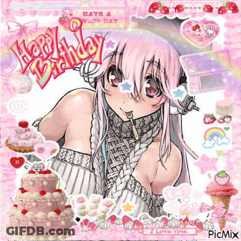A Picture Of A Girl With A Fork And The Words Happy Birthday On It GIF