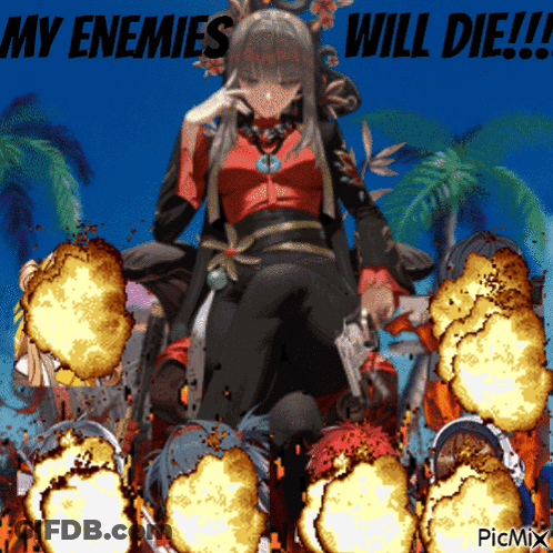 A Picture Of A Girl With A Gun And The Words " My Enemies Will Die " Behind Her GIF