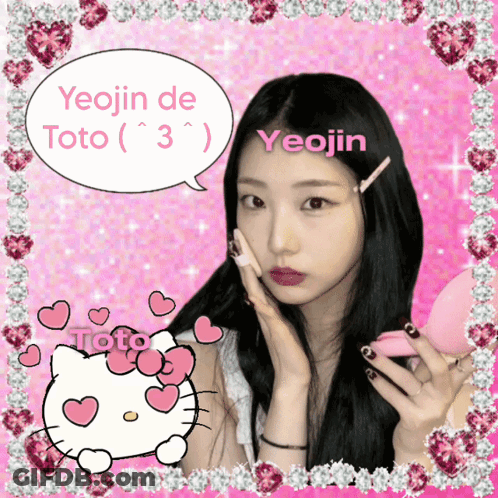 A Picture Of A Girl With A Hello Kitty And A Speech Bubble That Says " Yeojin De Toto " GIF