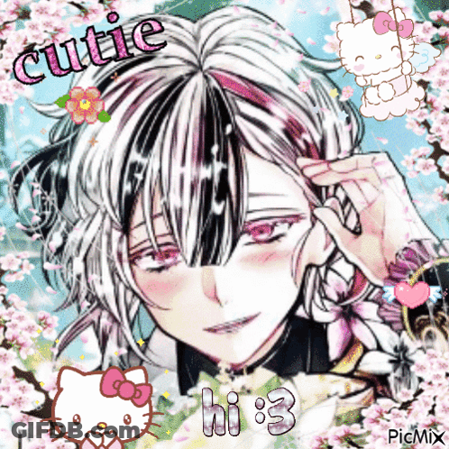 A Picture Of A Girl With A Hello Kitty And The Words Cutie On It GIF