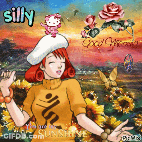 A Picture Of A Girl With A Hello Kitty On Her Hat And The Words Silly You Are My Sunshine GIF