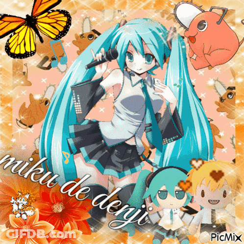 A Picture Of A Girl With A Microphone And The Words Miku De Degi On It GIF