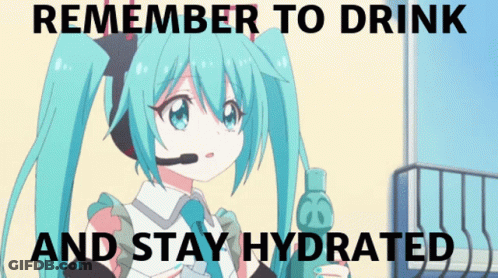 A Picture Of A Girl With A Microphone And The Words " Remember To Drink And Stay Hydrated " On The Bottom GIF