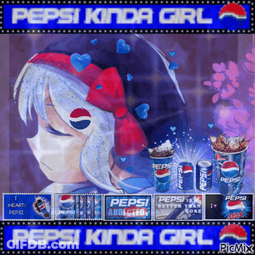 A Picture Of A Girl With A Pepsi Kinda Girl Logo On Her Head GIF