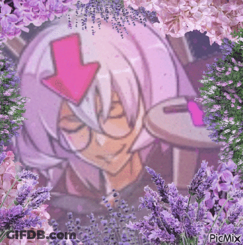 A Picture Of A Girl With A Pink Arrow On Her Head Surrounded By Purple Flowers . GIF