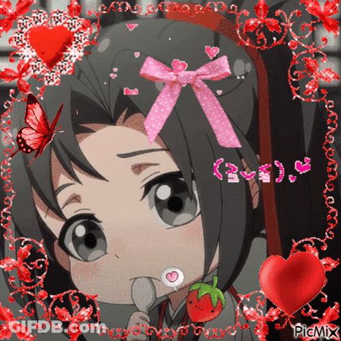 A Picture Of A Girl With A Pink Bow On Her Head Is Surrounded By Hearts And Butterflies GIF