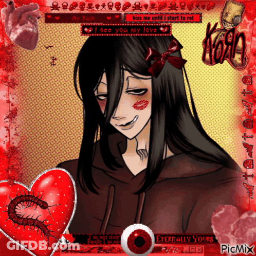 A Picture Of A Girl With A Red Heart And The Words " Kiss Me Until I Start To Rot " On Top GIF