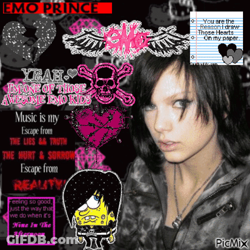 A Picture Of A Girl With A Skull And Crossbones And The Words Emo Prince On The Top GIF