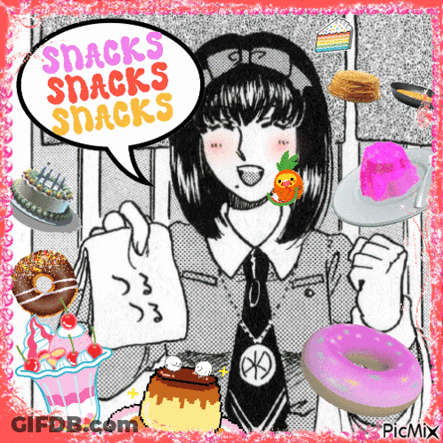 A Picture Of A Girl With A Speech Bubble That Says Snacks Snacks Snacks On It GIF