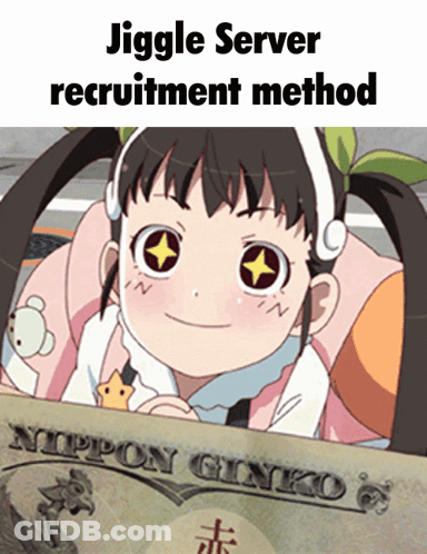 A Picture Of A Girl With A Star In Her Eyes And The Words Jiggle Server Recruitment Method Below Her GIF