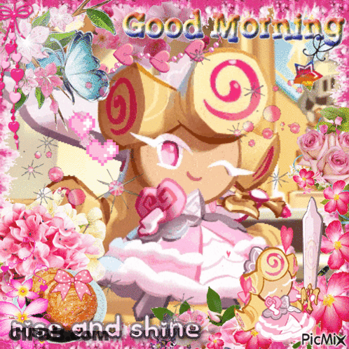 A Picture Of A Girl With A Swirl In Her Hair With The Words Good Morning Rise And Shine GIF