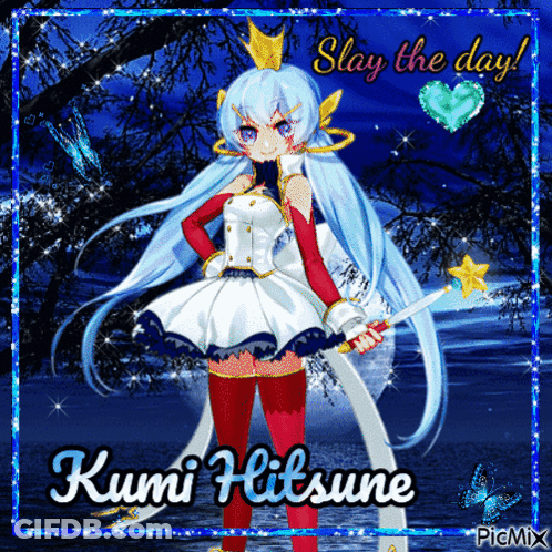 A Picture Of A Girl With A Sword And The Name Kumi Hitsune On It GIF