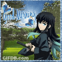A Picture Of A Girl With A Sword And The Words Good Morning GIF