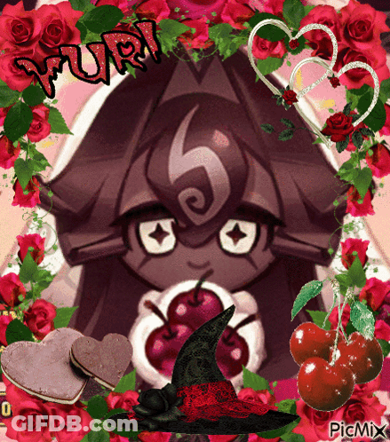 A Picture Of A Girl With A Witch Hat Surrounded By Red Roses And Cherries With The Word Yuri In The Middle GIF